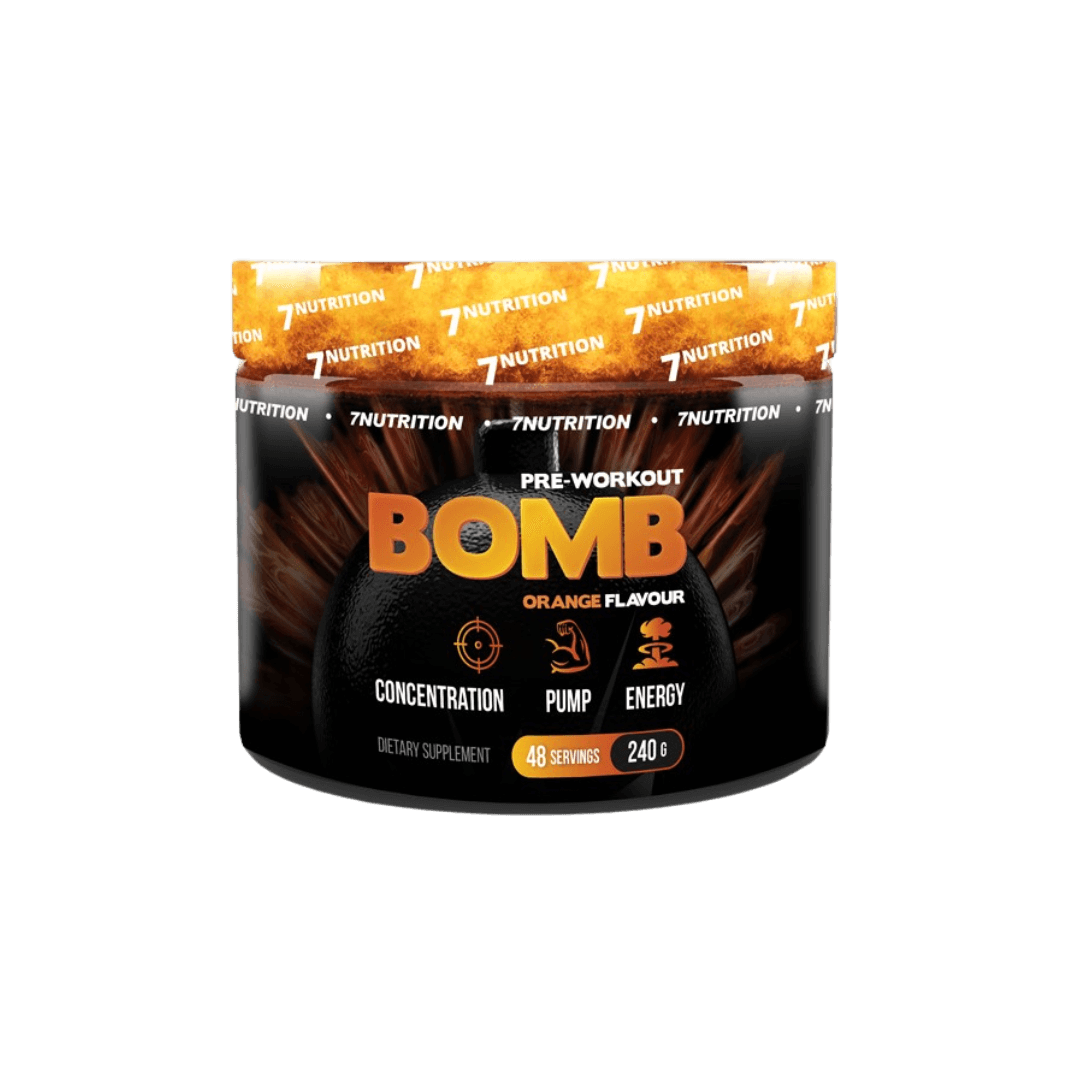 7 Nutrition Bomb Preworkout – apelsinų skonio prieštreniruotinis papildas prieš treniruotę energijai, 240 g pakuotė