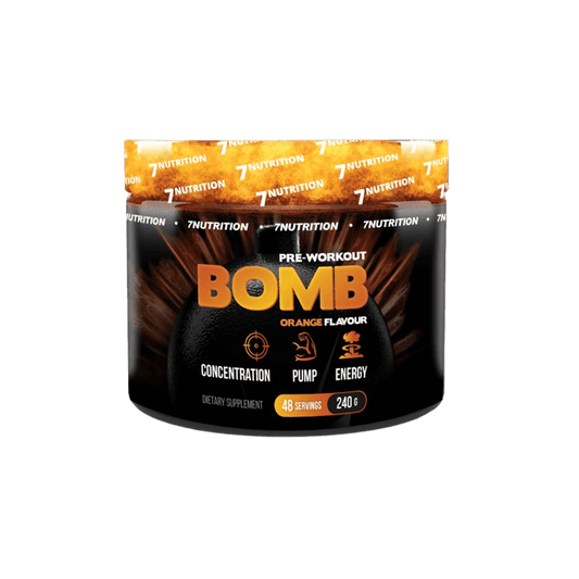 7 Nutrition Bomb Preworkout – apelsinų skonio prieštreniruotinis papildas prieš treniruotę energijai, 240 g pakuotė

